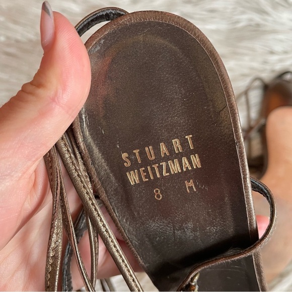 Stuart Weitzman Bronze Leather Crystal Embellished Square Toe Lace Up Sandals 8 - Picture 12 of 12